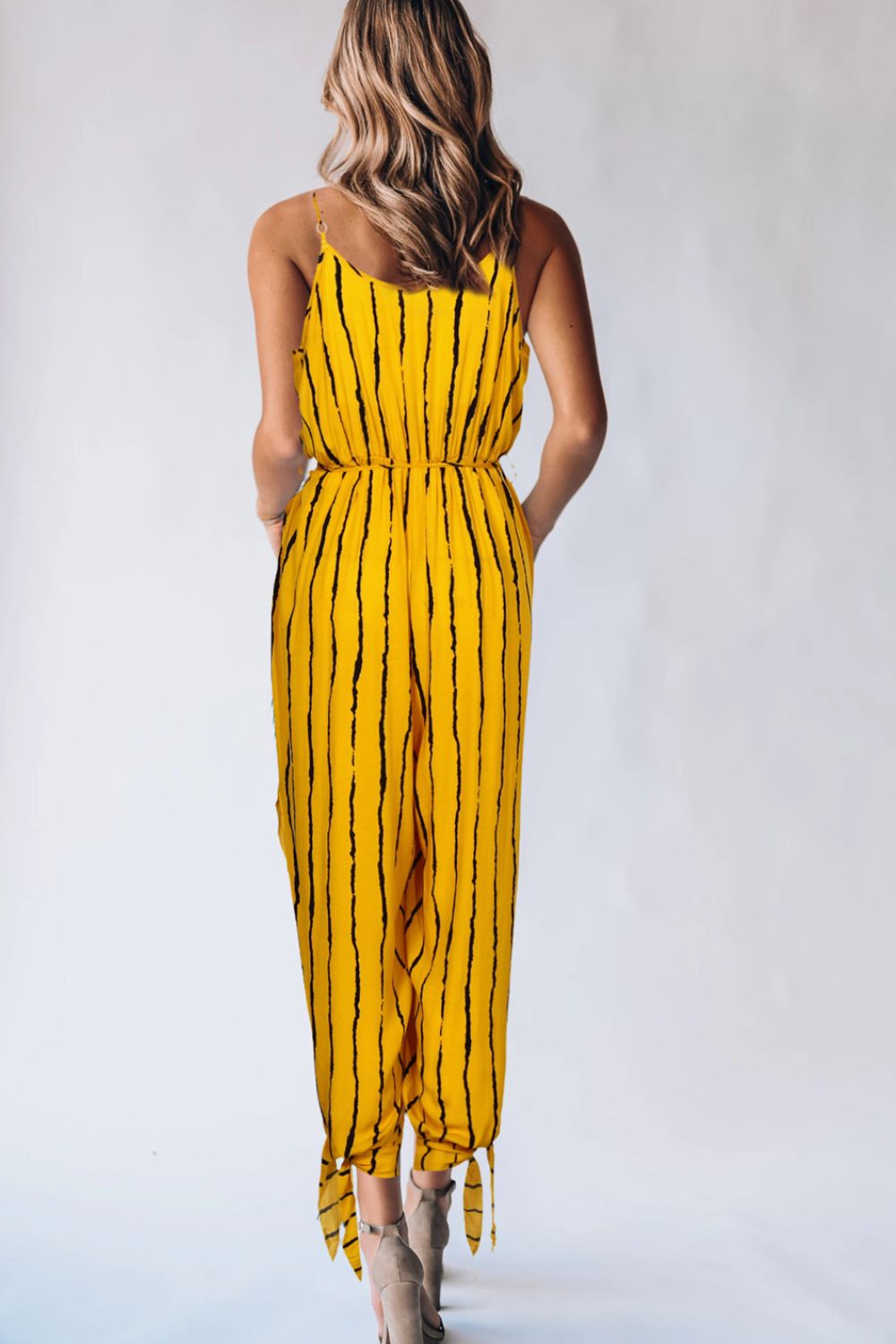 Striped Contrast Tie Ankle Spaghetti Strap Jumpsuit-Angel Casuals