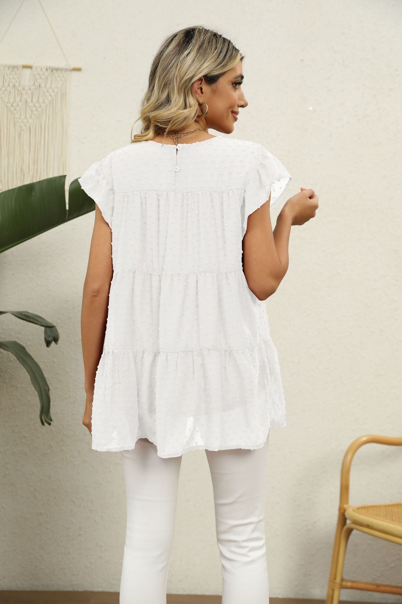 Swiss Dot Round Neck Tiered Blouse-Angel Casuals