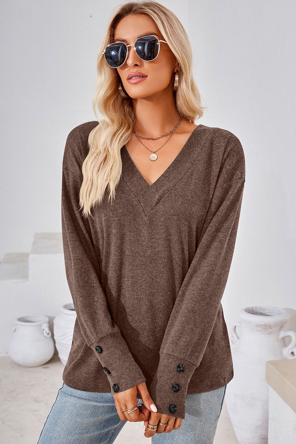 V-Neck Dropped Shoulder T-Shirt-Angel Casuals