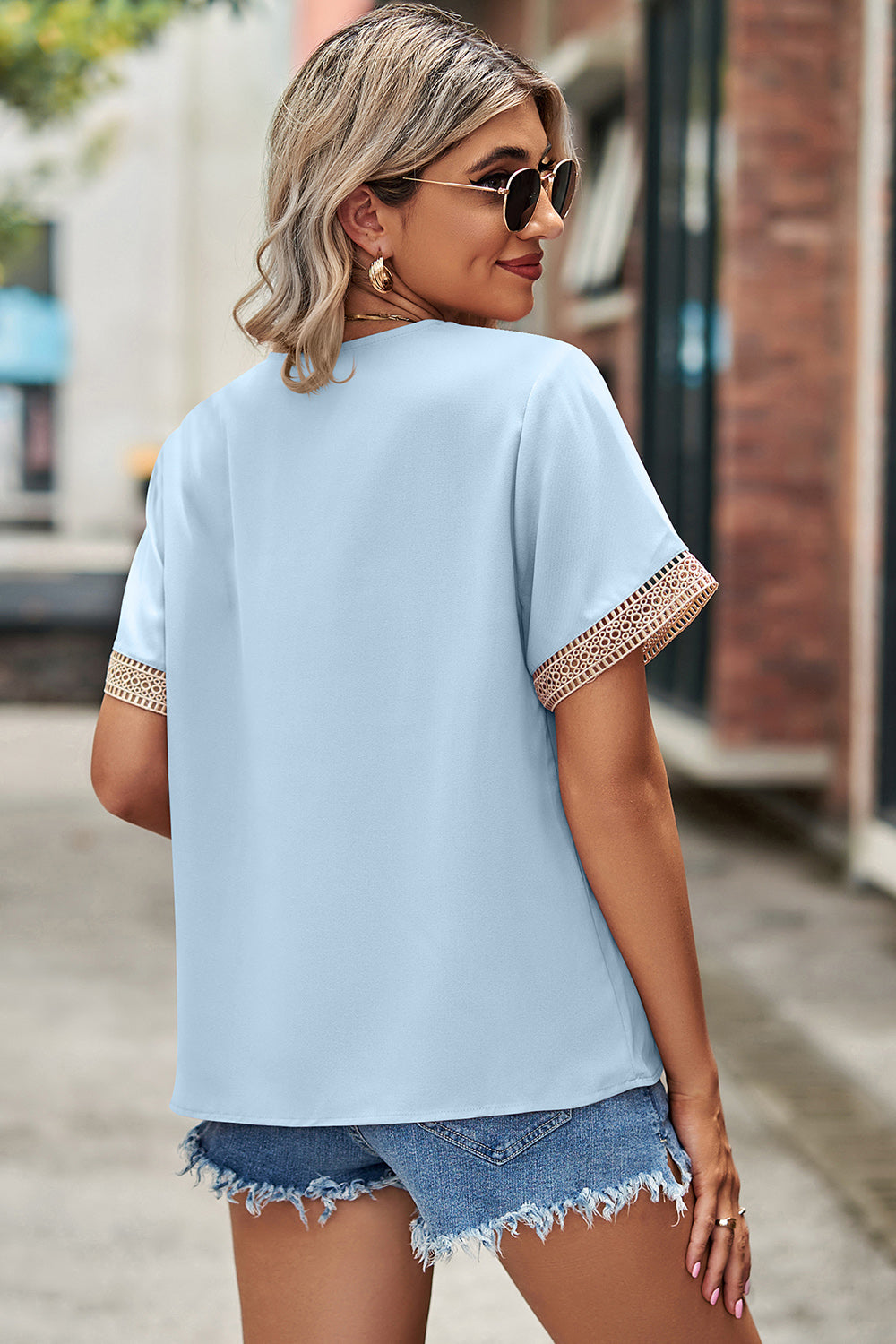 Openwork V-Neck Short Sleeve T-Shirt-Angel Casuals