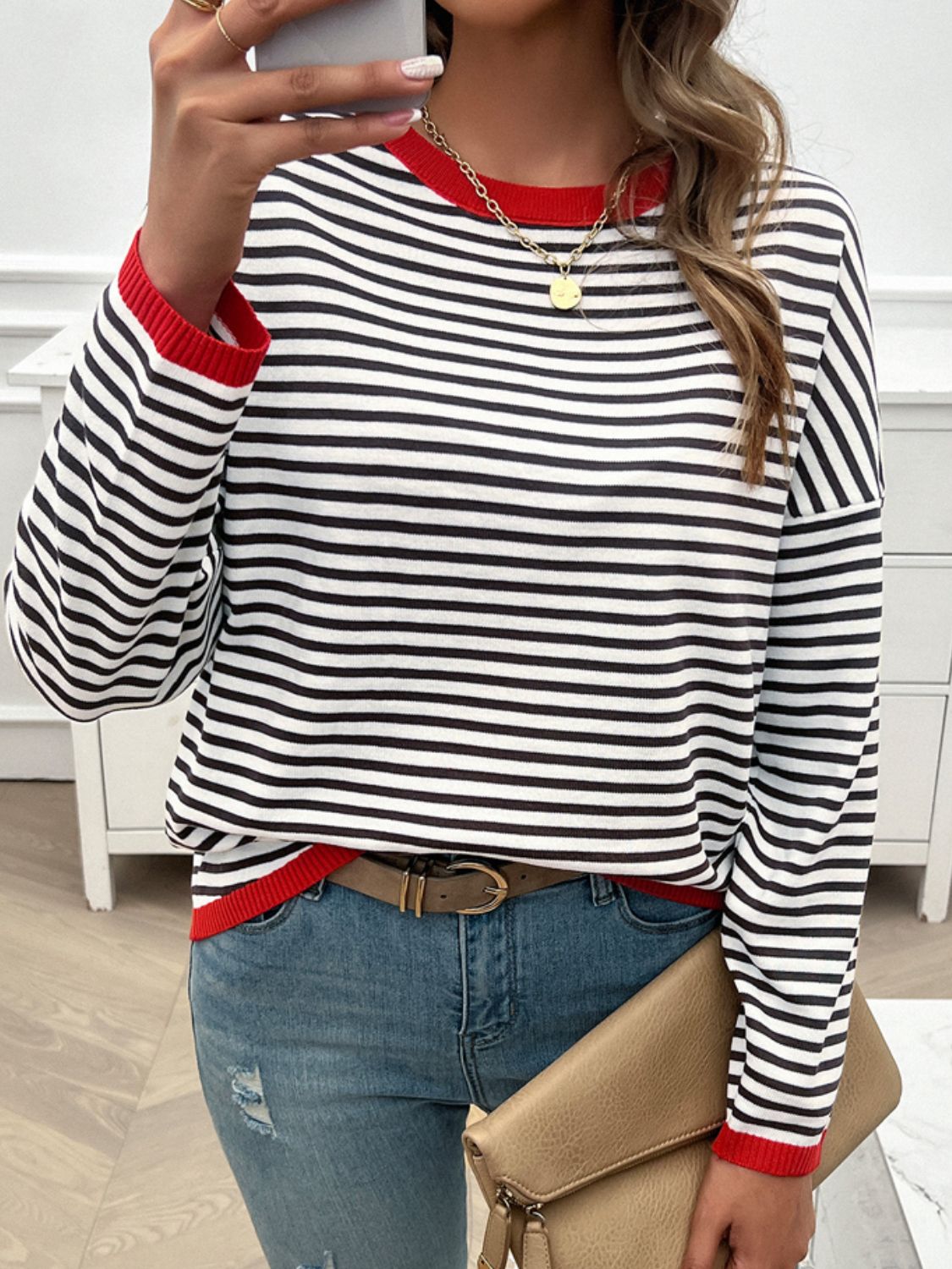 Devine Striped Round Neck Dropped Shoulder Sweater-Angel Casuals