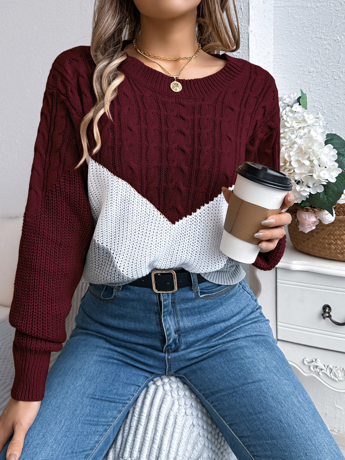 Cable-Knit Color Block Round Neck Sweater-Angel Casuals