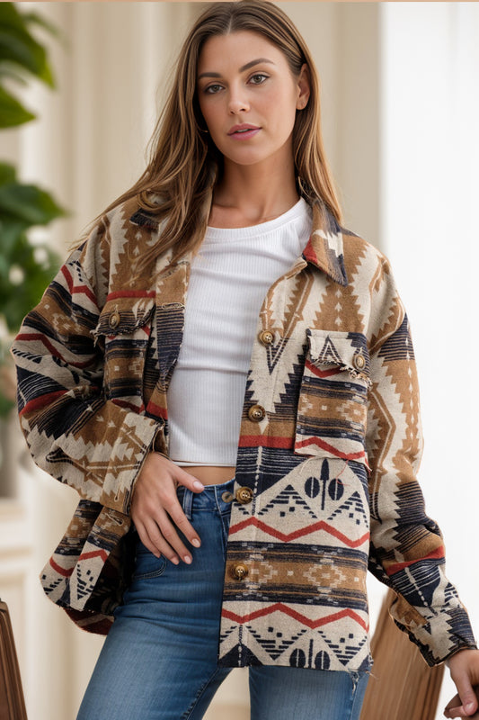 Geometric Button Up Long Sleeve Jacket-Angel Casuals