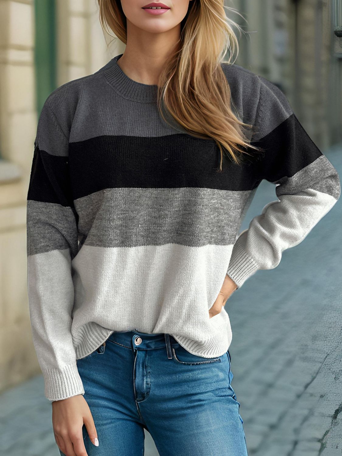 Color Block Round Neck Long Sleeve Sweater-Angel Casuals