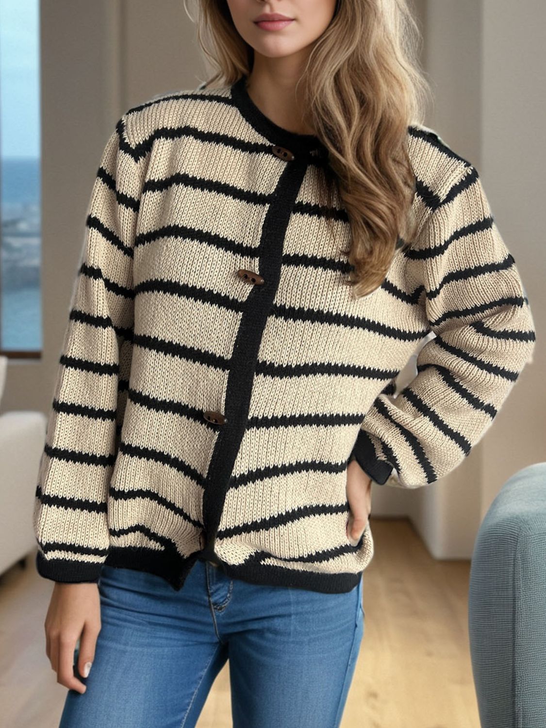 Striped Round Neck Long Sleeve Cardigan-Angel Casuals