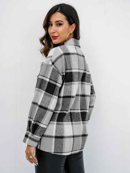 Plaid Button Up Collared Neck Jacket-Angel Casuals