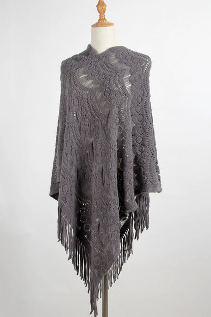 Fringe Openwork Surplice Cape Sleeve Poncho-Angel Casuals