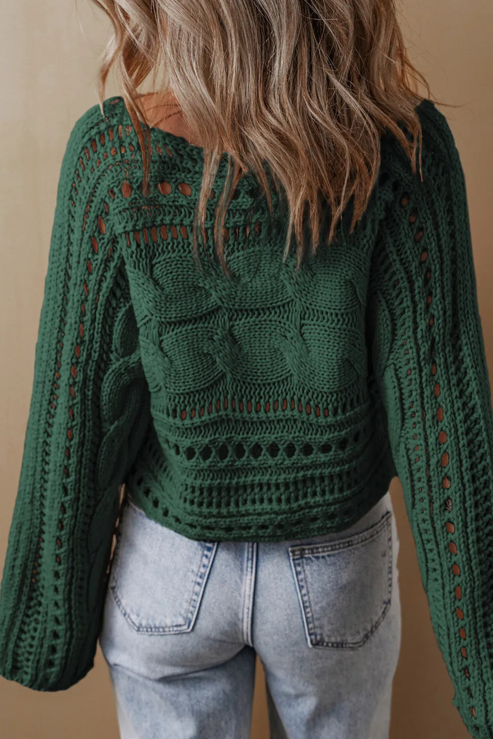 Cable-Knit Openwork Long Sleeve Sweater-Angel Casuals