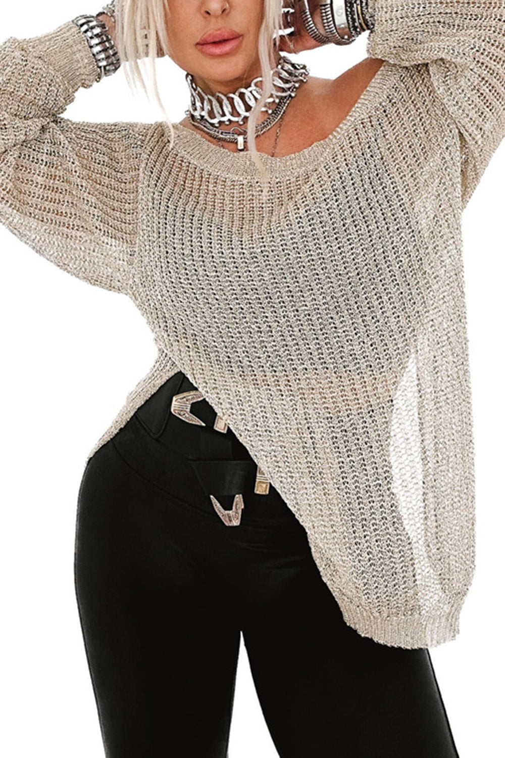 Side Slit Long Sleeve Knit Cover Up-Angel Casuals