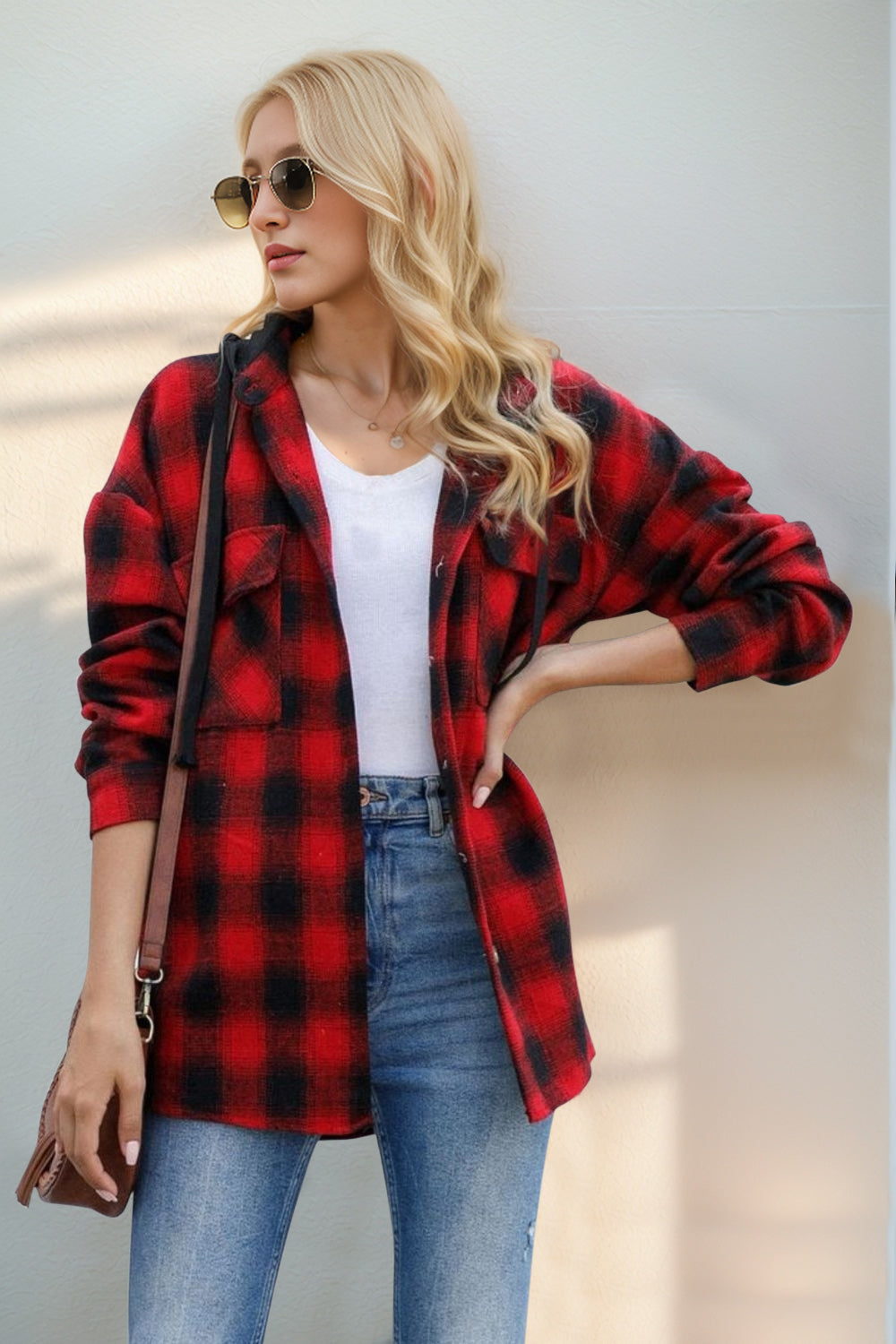 Double Take Drawstring Plaid Long Sleeve Hooded Shacket-Angel Casuals