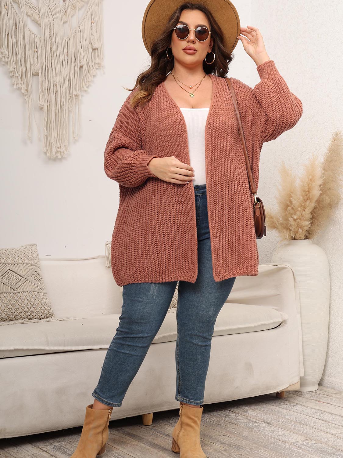 Plus Size Open Front Dropped Shoulder Knit Cardigan-Angel Casuals