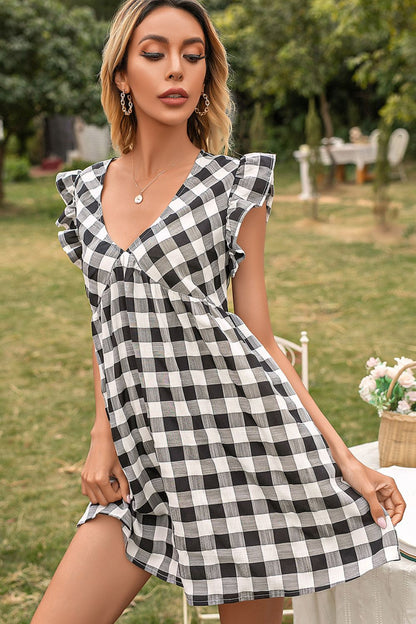 Plaid Butterfly Sleeve Deep V Dress-Angel Casuals