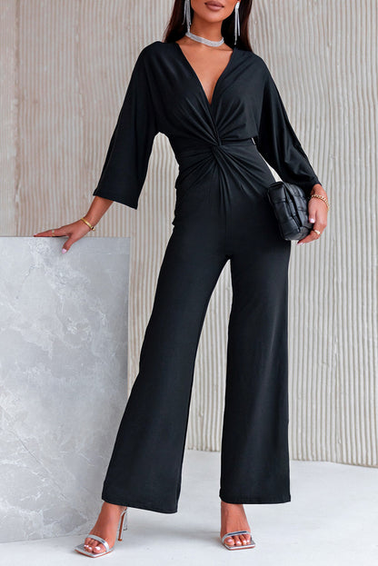 Twisted Plunge Three-Quarter Sleeve Jumpsuit-Angel Casuals