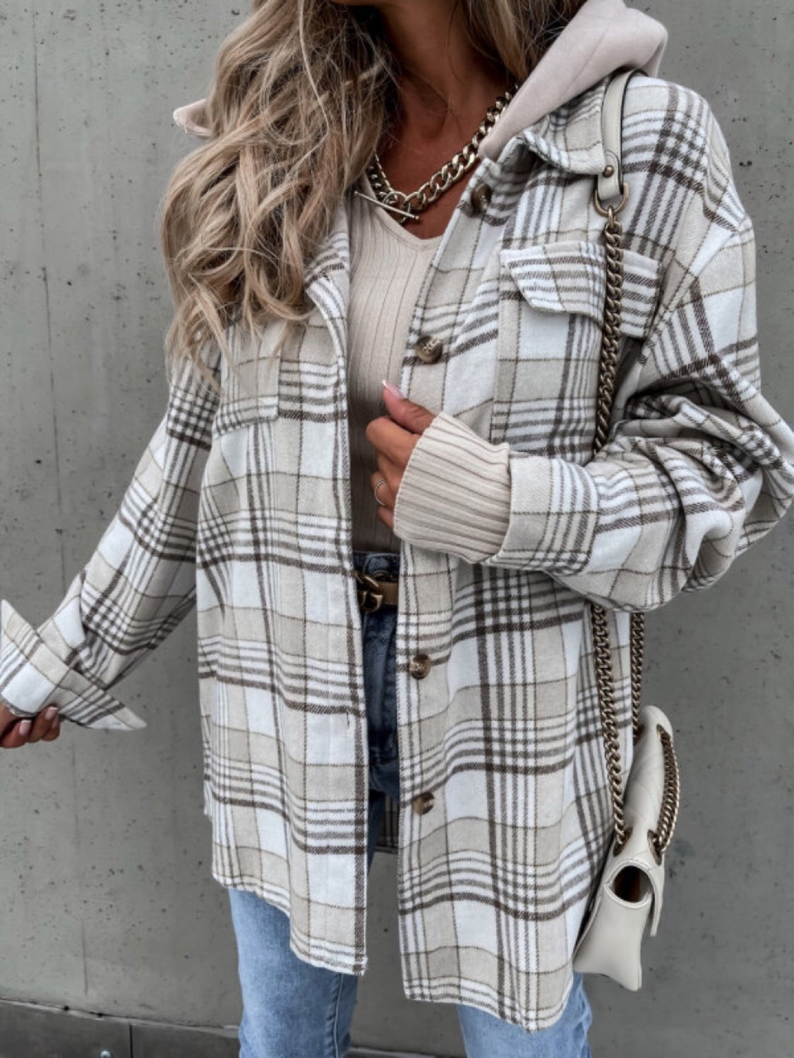 Plaid Dropped Shoulder Hooded Jacket-Angel Casuals