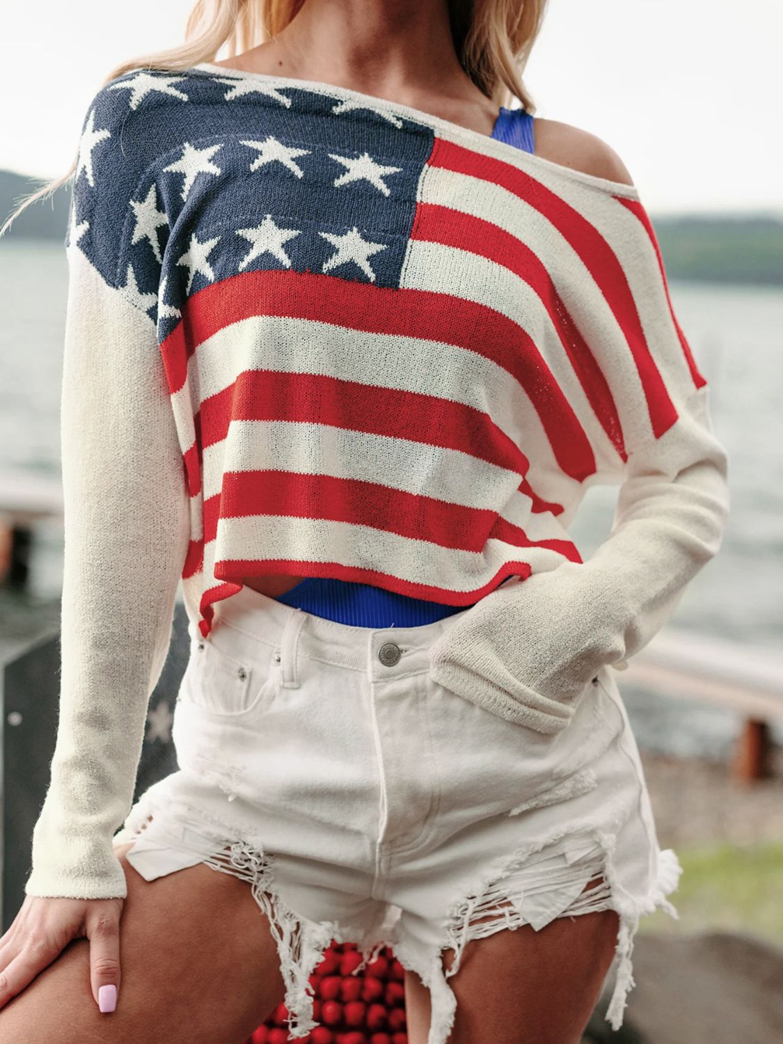 Perfee US Flag Boat Neck Long Sleeve Knit Top-Angel Casuals