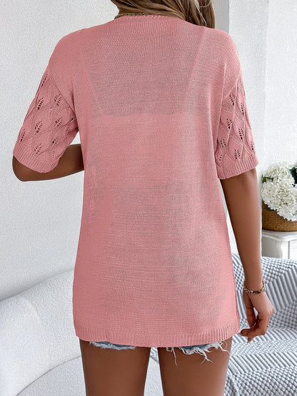 Openwork Open Front Short Sleeve Cardigan-Angel Casuals