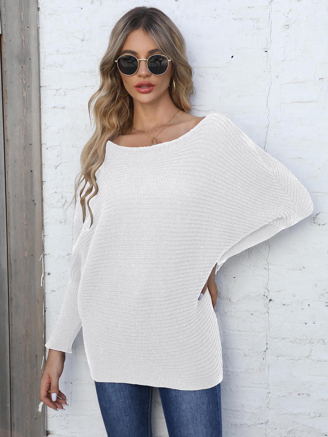 Full Size Horizontal Ribbing Dolman Sleeve Sweater-Angel Casuals