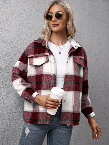 Plaid Long Sleeve Shirt Jacket-Angel Casuals