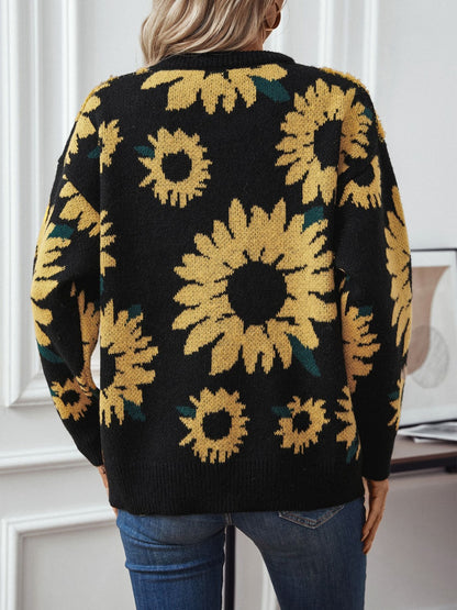 Sunflower Round Neck Long Sleeve Sweater-Angel Casuals