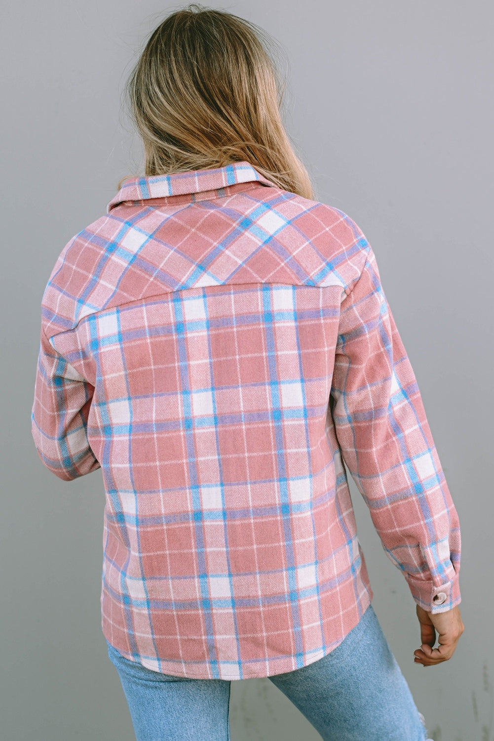 Plaid Pocketed Collared Neck Button Up Jacket-Angel Casuals