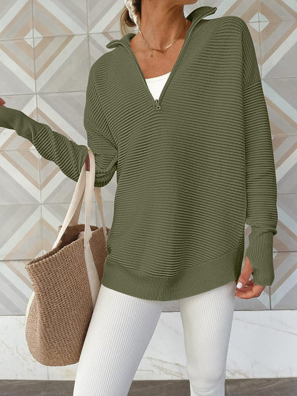 Half Zip Long Sleeve Knit Top-Angel Casuals