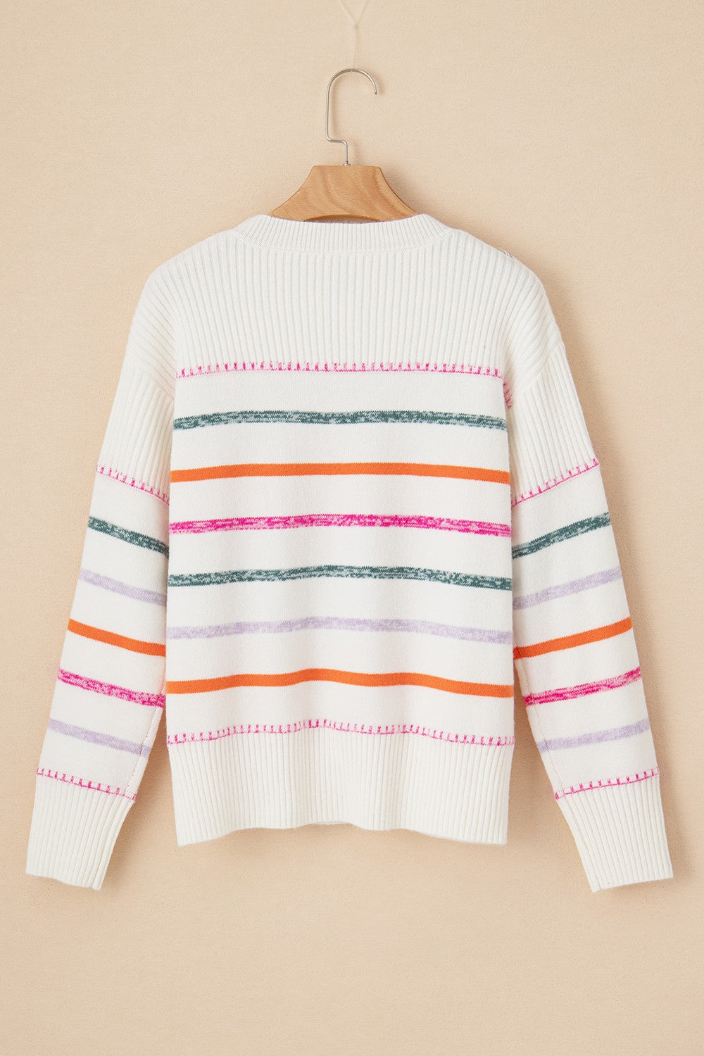 Striped Round Neck Dropped Shoulder Sweater-Angel Casuals