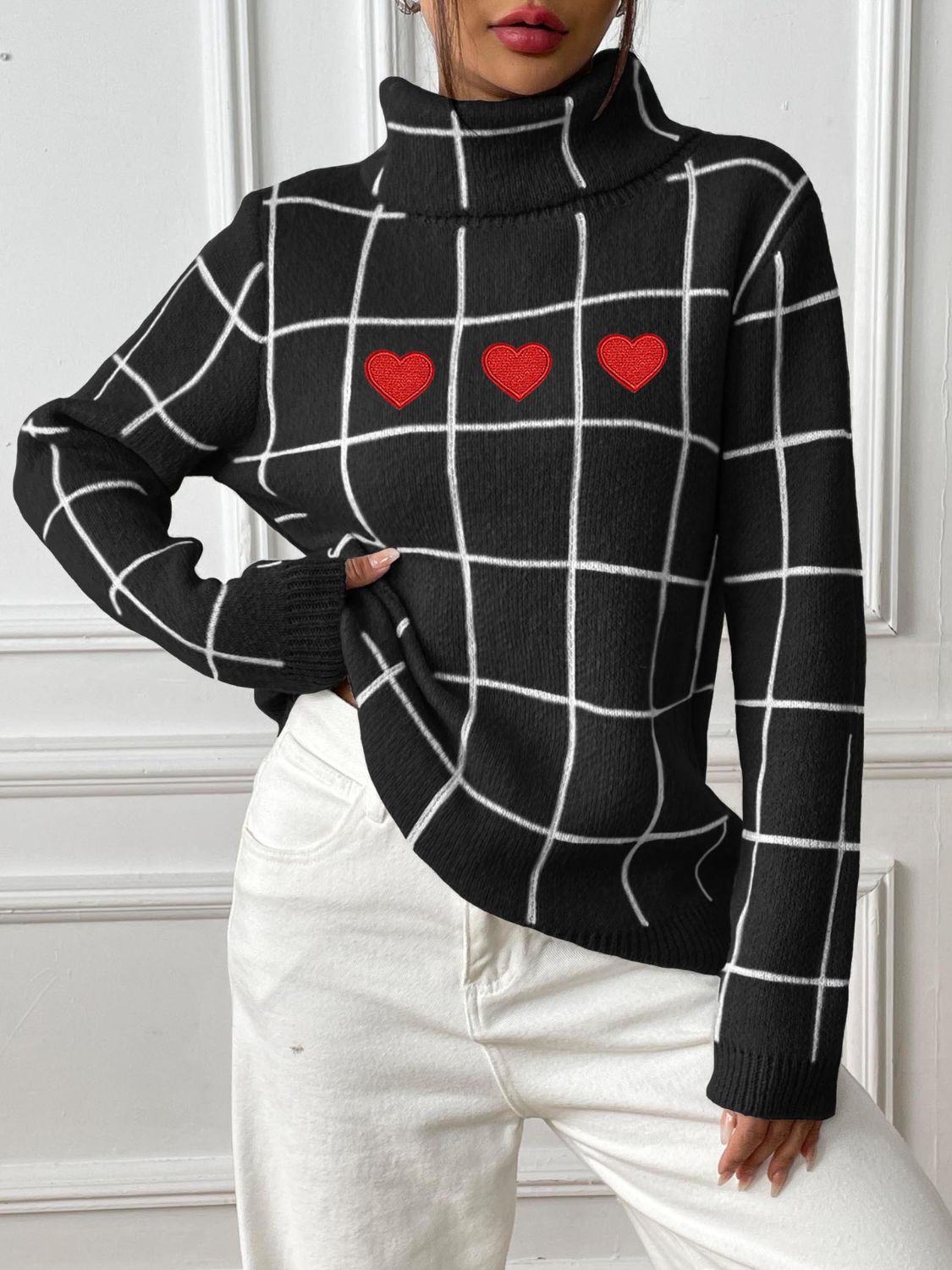 Heart Plaid Turtleneck Long Sleeve Sweater-Angel Casuals