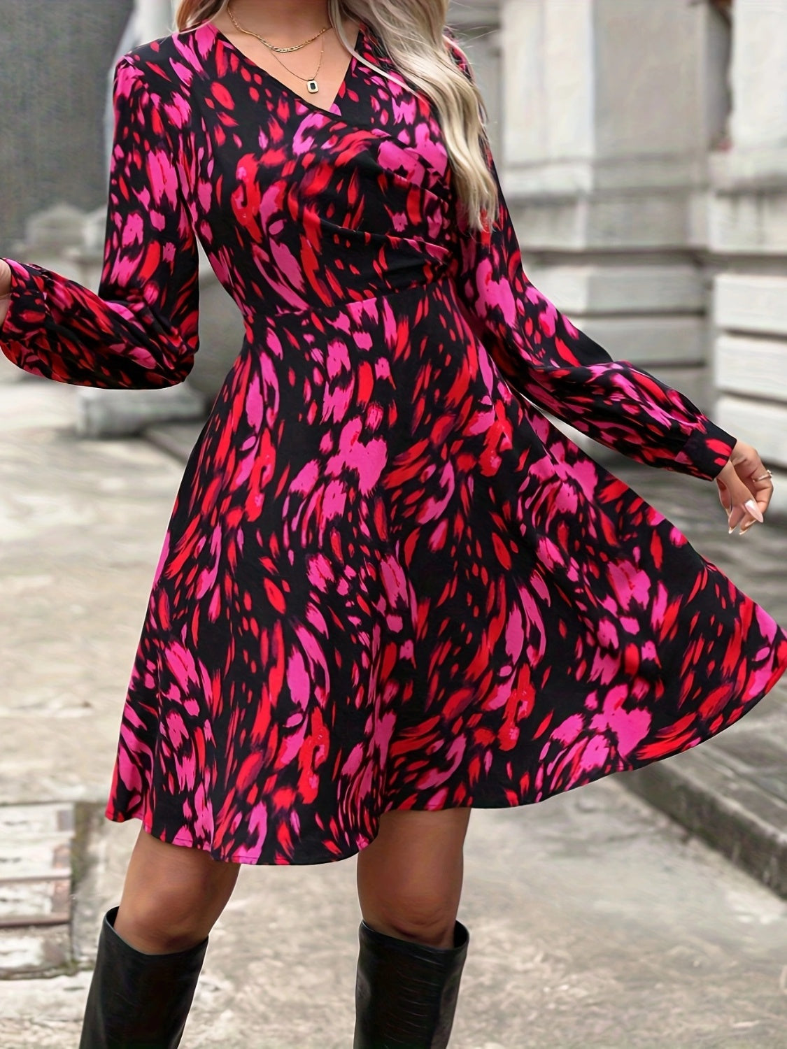 Printed Surplice Long Sleeve Dress-Angel Casuals