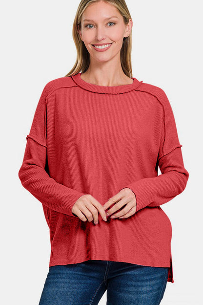 Zenana Full Size Exposed Seam Brushed Round Neck Sweater-Angel Casuals