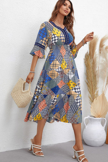 Patchwork V-Neck Tiered Midi Dress-Angel Casuals