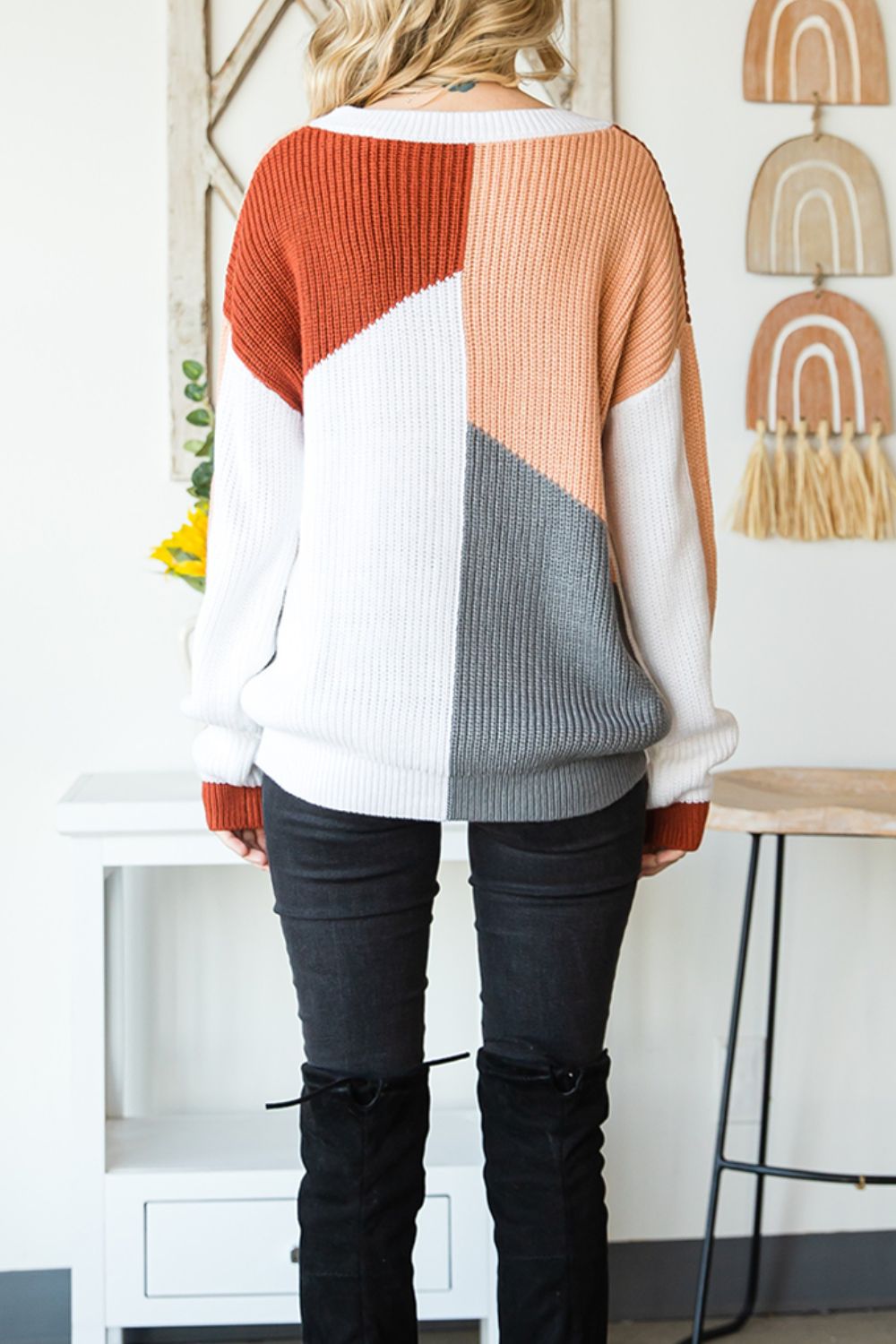 Color Block Drop Shoulder Long Sleeve Sweater-Angel Casuals