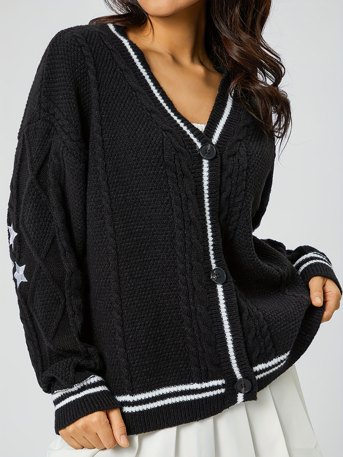 Star Embroidered V-Neck Long Sleeve Cardigan-Angel Casuals