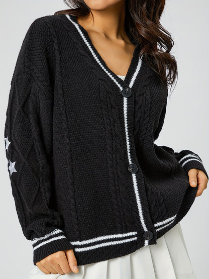 Star Embroidered V-Neck Long Sleeve Cardigan-Angel Casuals