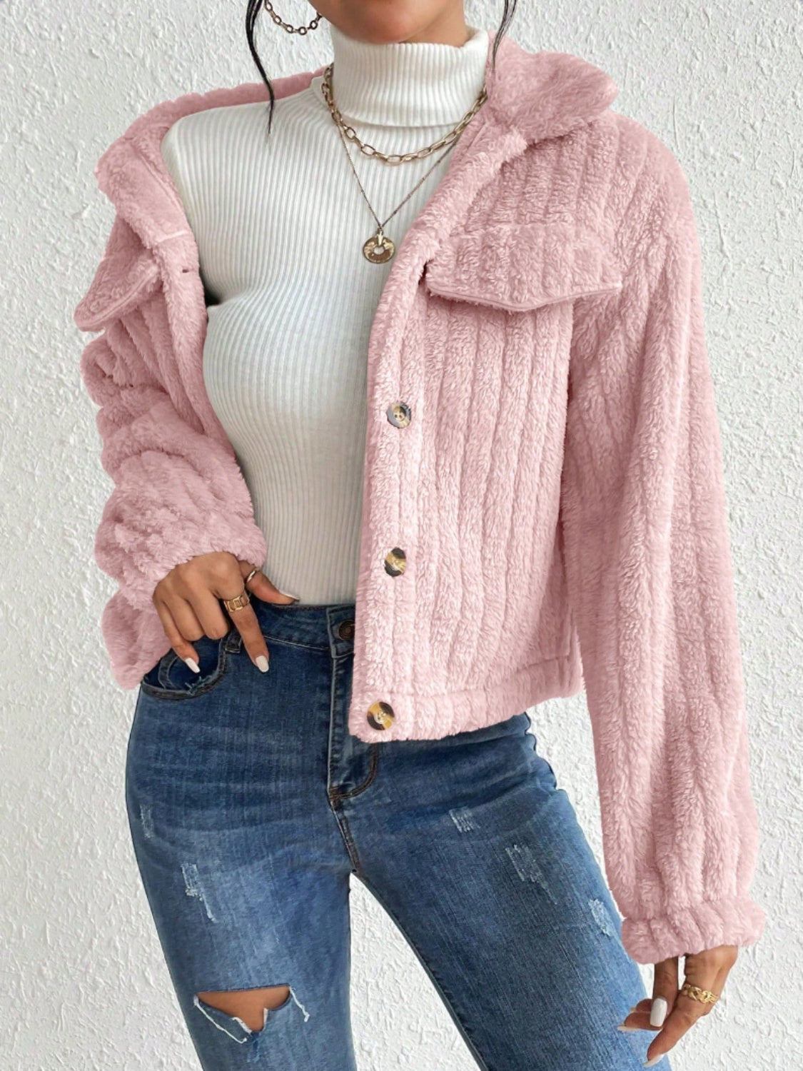 Fuzzy Button Up Collared Neck Jacket-Angel Casuals