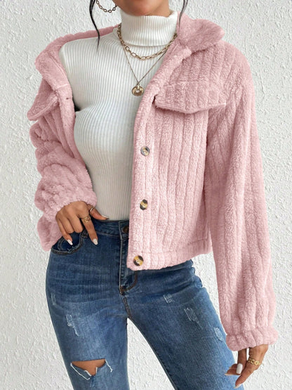 Fuzzy Button Up Collared Neck Jacket-Angel Casuals