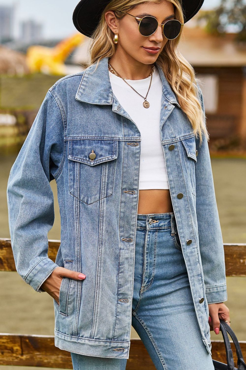 Buttoned Collared Neck Denim Jacket with Pockets-Angel Casuals