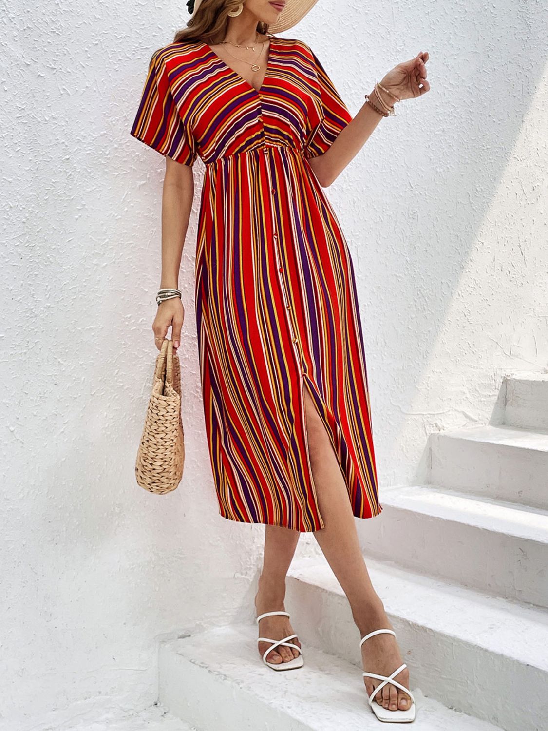 Slit Striped V-Neck Short Sleeve Midi Dress-Angel Casuals