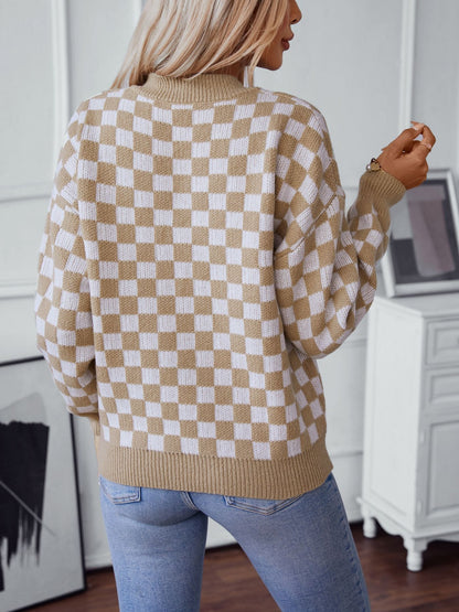 Checkered V-Neck Dropped Shoulder Sweater-Angel Casuals