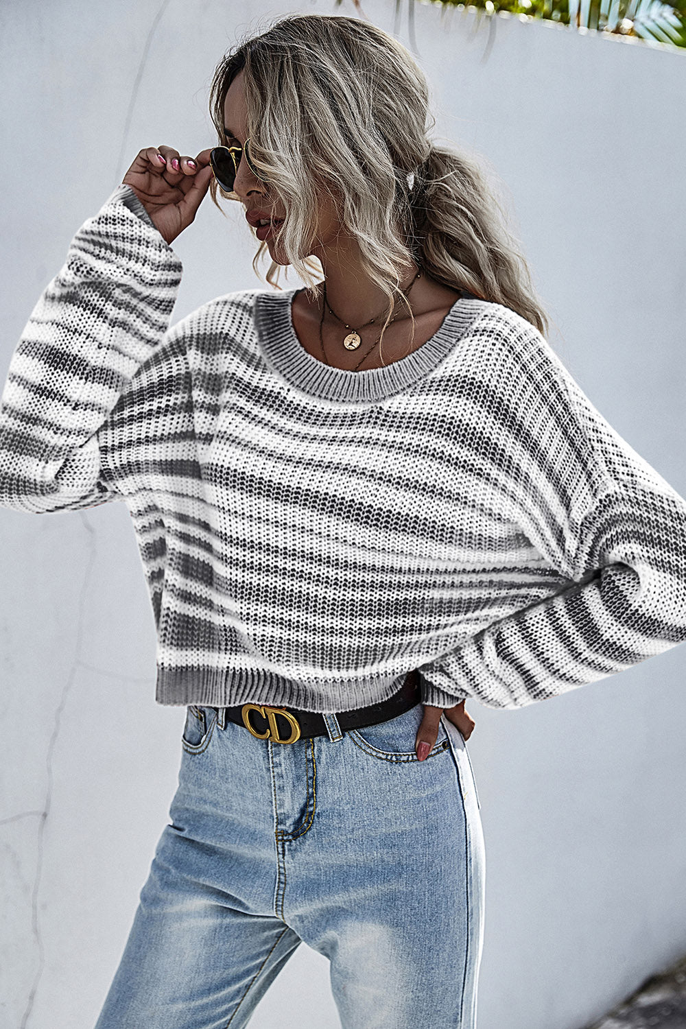 Perfee Striped Round Neck Dropped Shoulder Sweater-Angel Casuals