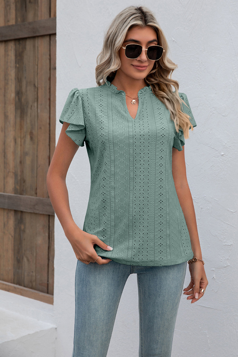 Eyelet Notched Neck Flutter Sleeve Top-Angel Casuals