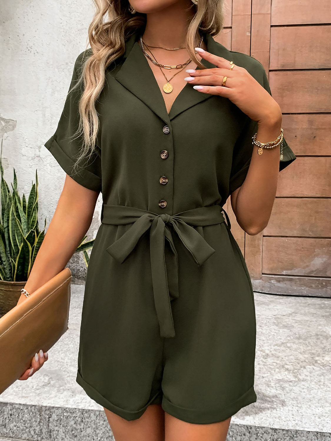 Half Button Tie Waist Short Sleeve Romper-Angel Casuals