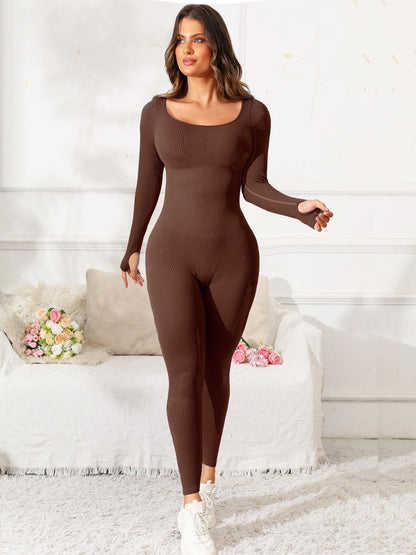 Scoop Neck Long Sleeve Active Jumpsuit-Angel Casuals