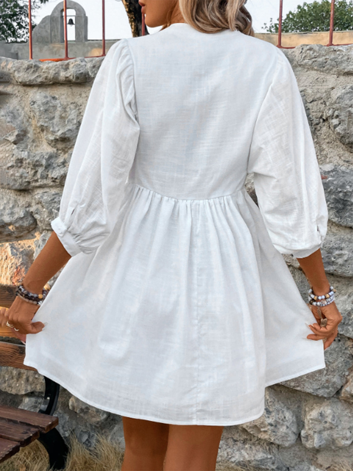 Lace Detail Half Button Three-Quarter Sleeve Dress-Angel Casuals