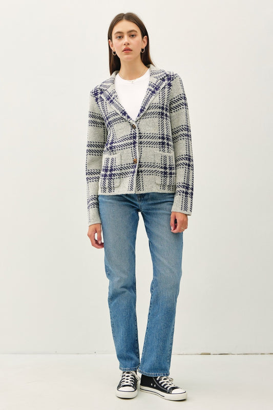 Be Cool Plaid Long Sleeve Sweater Jacket with Front Patch Pockets-Angel Casuals