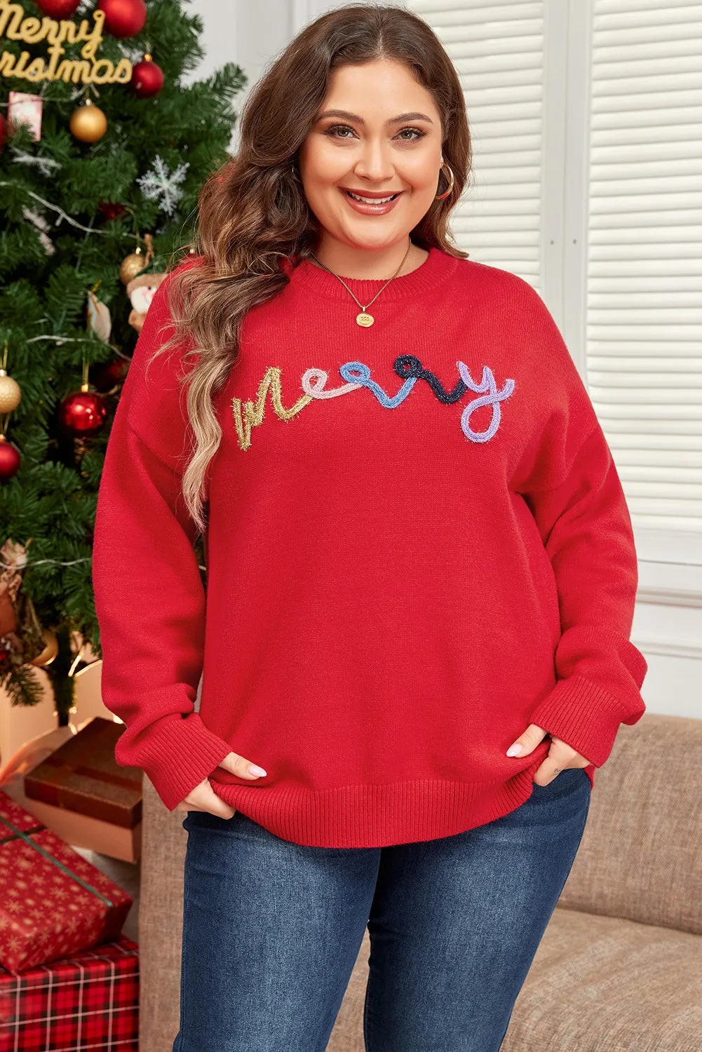 Plus Size MERRY Round Neck Long Sleeve Sweater-Angel Casuals