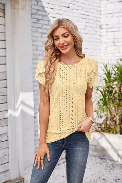 Eyelet Round Neck Petal Sleeve T-Shirt-Angel Casuals