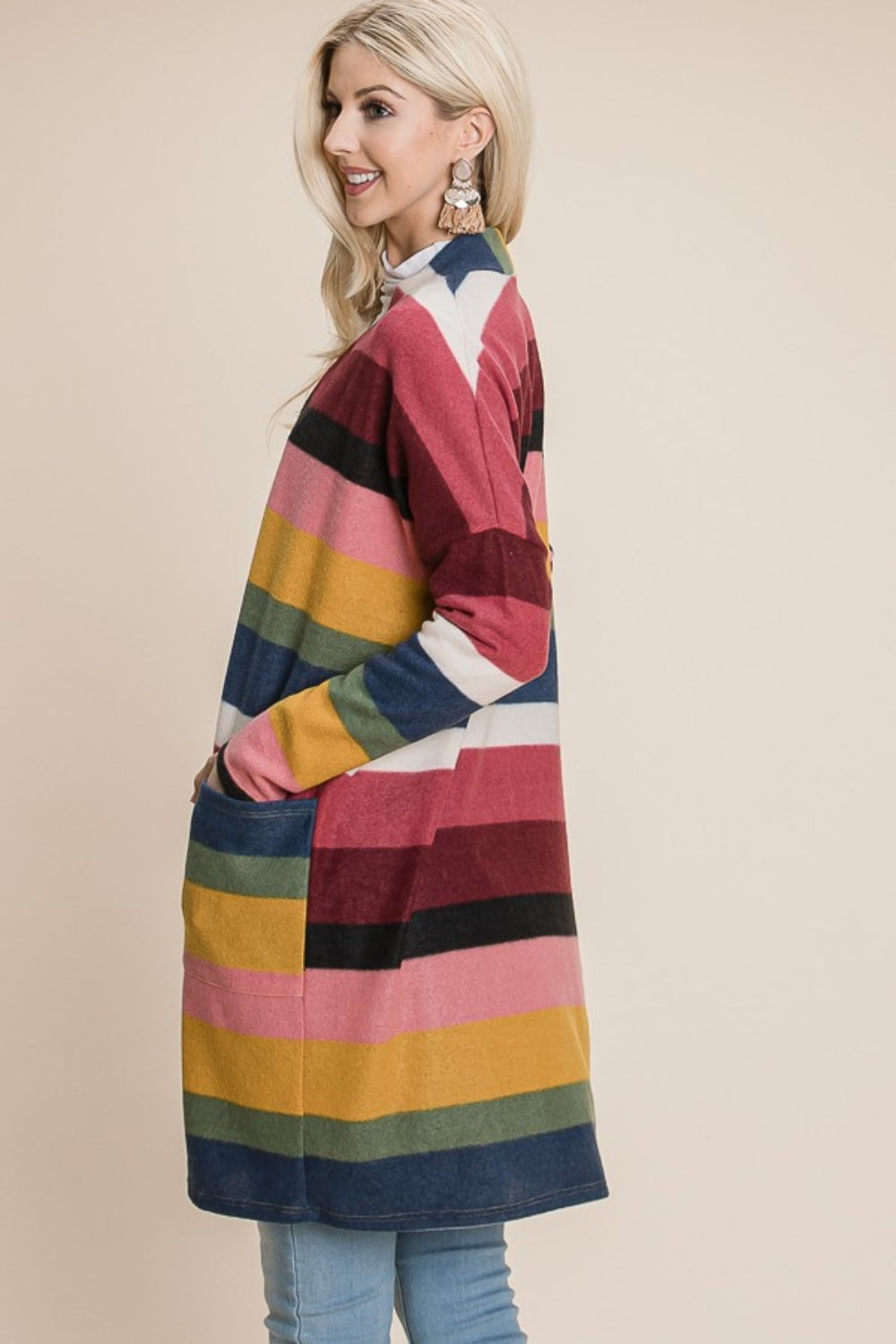 BOMBOM Color Block Striped Open Front Cardigan-Angel Casuals