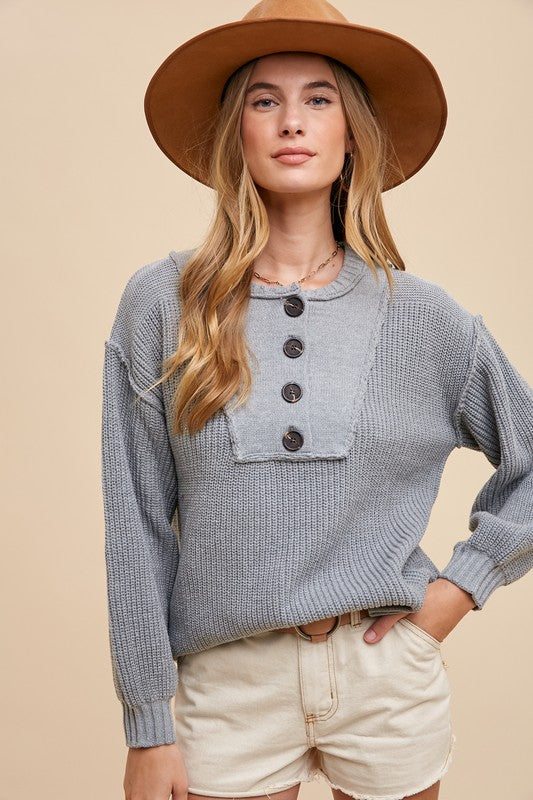 Annie Wear Half Button Ribbed Hem Sweater-Angel Casuals