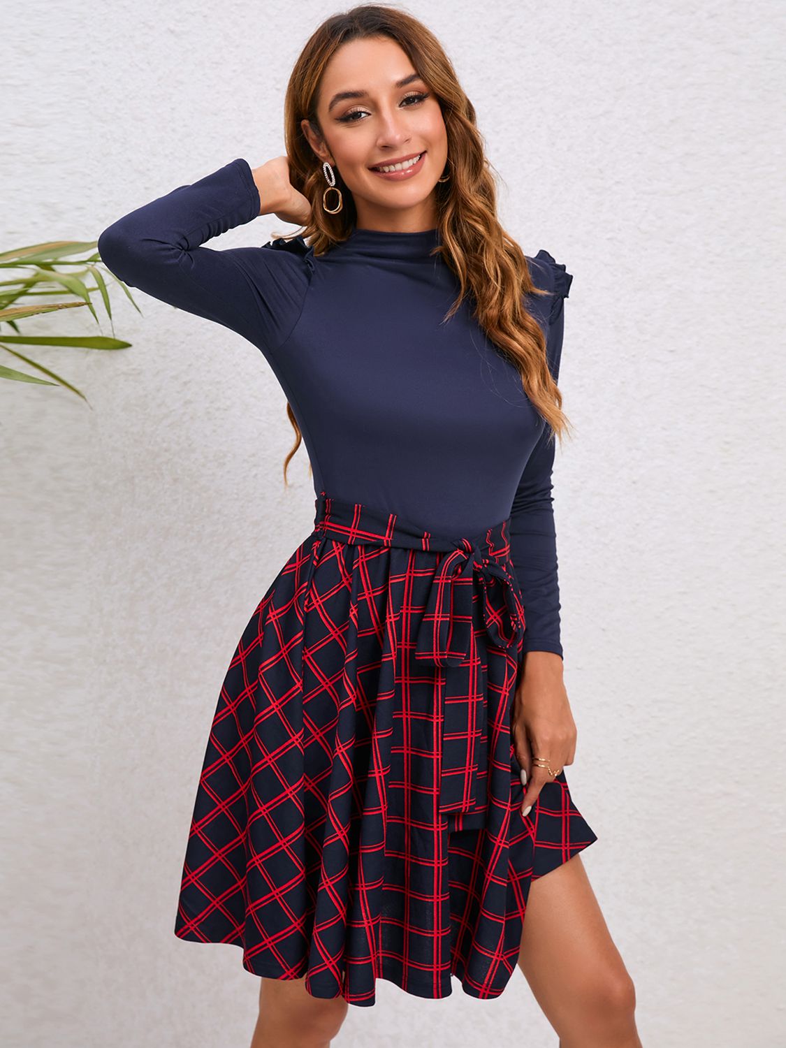 Plaid Tie Waist Ruffle Shoulder Dress-Angel Casuals