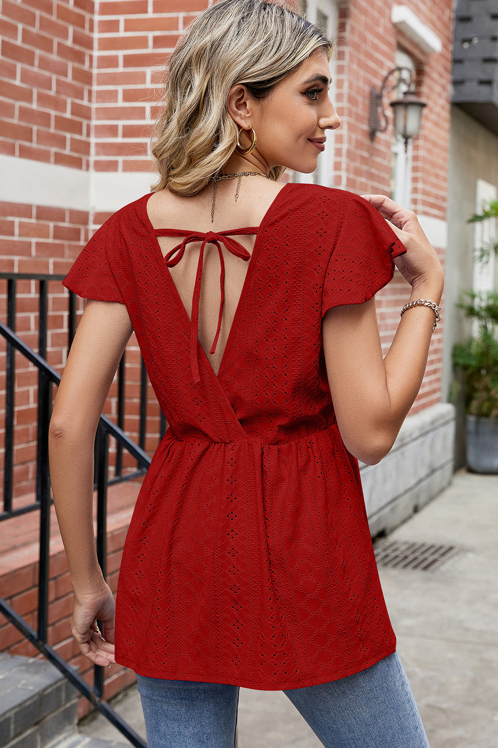 Tied Ruffled Round Neck Peplum T-Shirt-Angel Casuals